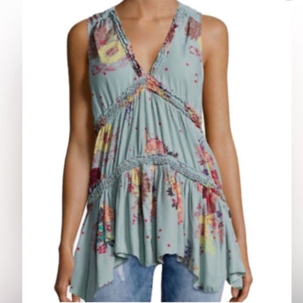 Free People Green Floral Sleeveless Tiered Ruffles Hi-Low Hem BohoTunic Top Sm